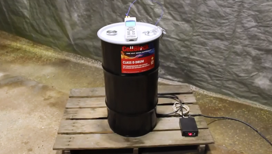 Testing a CellBlock Drum with a lithium-ion battery fire.