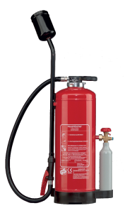 A metal fire extinguisher.