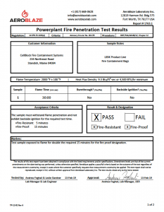 AEROBLAZE powerplant fire penetration test results.