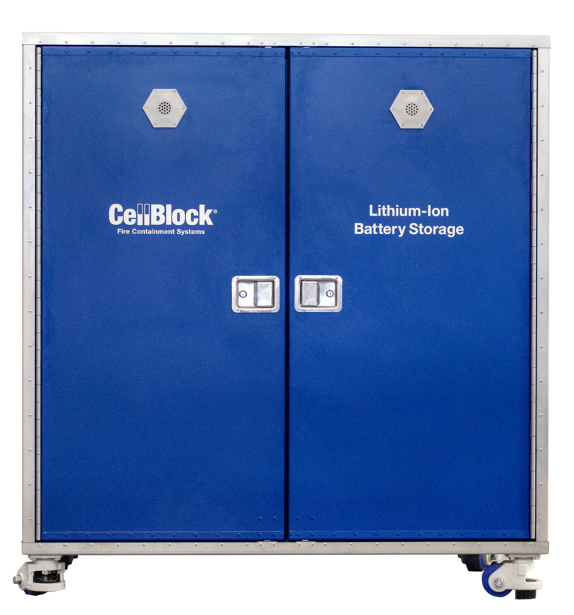a blue lithium-ion battery storage cabinet