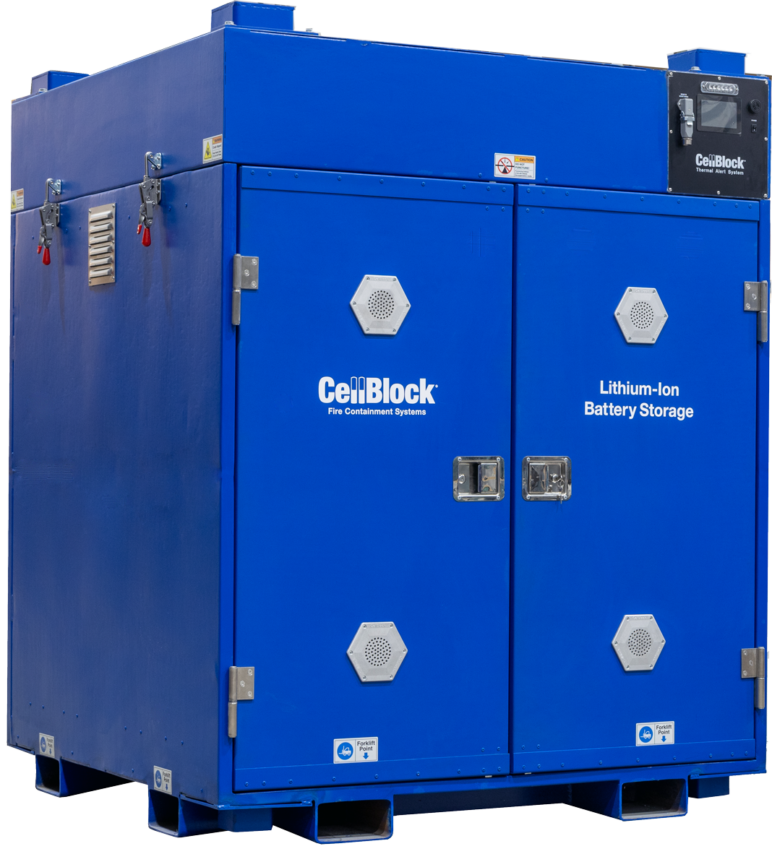 Safe battery storage cube for palletized batteries